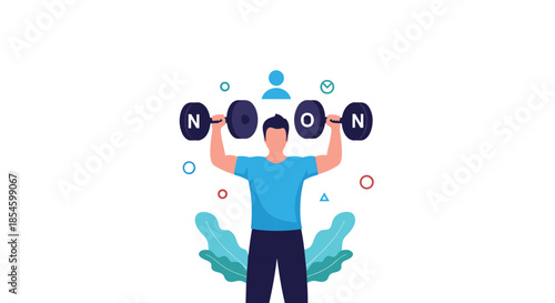 Strong man lifting barbells with letters 'N' and 'O' on them, representing the power of saying 'no' to achieve personal and professional strength.