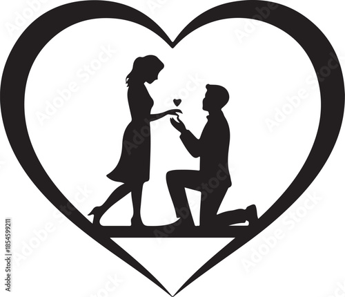 Man proposing to woman with ring inside heart silhouette