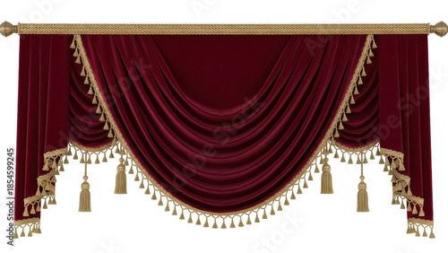 Elegant burgundy velvet swag curtain with gold tassels isolated PNG, luxurious window treatment for theater or formal event decor