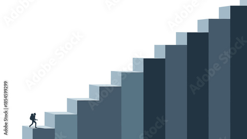 Determined person climbing steep abstract stairs, symbolizing progress, ambition, and reaching goals