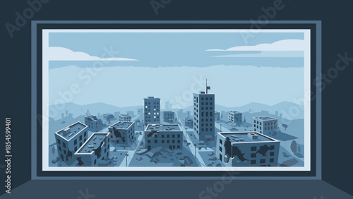 Pixelated city skyline depicting a devastated urban landscape under a pale sky
