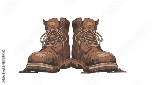 Front view of old, dirty brown leather boots covered in mud, representing work, travel, and rugged journeys