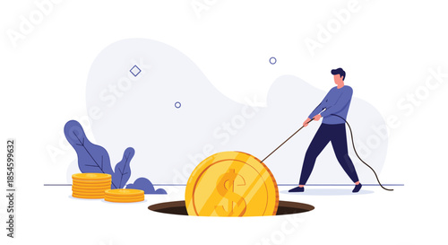 Man pulling a large gold coin out of a hole, illustrating the effort to retrieve lost investments or recover from financial difficulties.