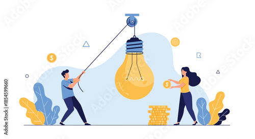 Two people working together to raise a lightbulb with a pulley system, illustrating collaborative innovation and funding creative ideas for business growth.