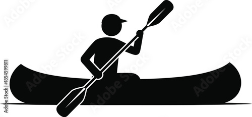 Kayaker in a canoe with paddle minimalistic design on transparent background silhouette