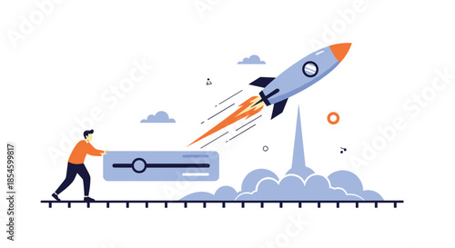 Man pushing a slider to launch a rocket, symbolizing the act of initiating a startup, accelerating business growth, and boosting project development.