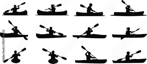 Various canoeing positions and paddles in black ideal for design on transparent background silhouette