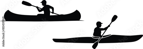Canoe and kayak silhouette with a person paddling on transparent background