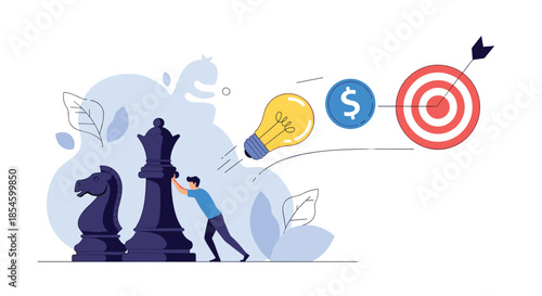 Man moving a chess queen piece towards a lightbulb, coin, and target, representing strategic planning for innovative financial goals and business success.
