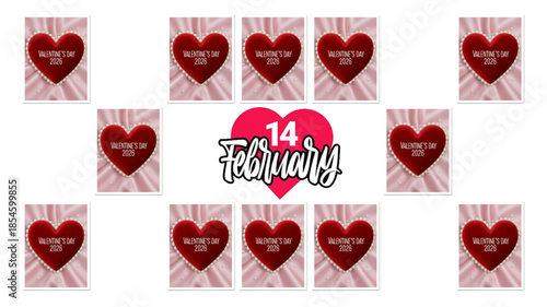Happy Valentine's Day February 14 Heart Pattern Background. Red Hearts with 2026 Typography on Pink Sunburst for Romantic Greeting Cards, Wedding Invitations, Love Themes, and Seasonal Gift Promotion.