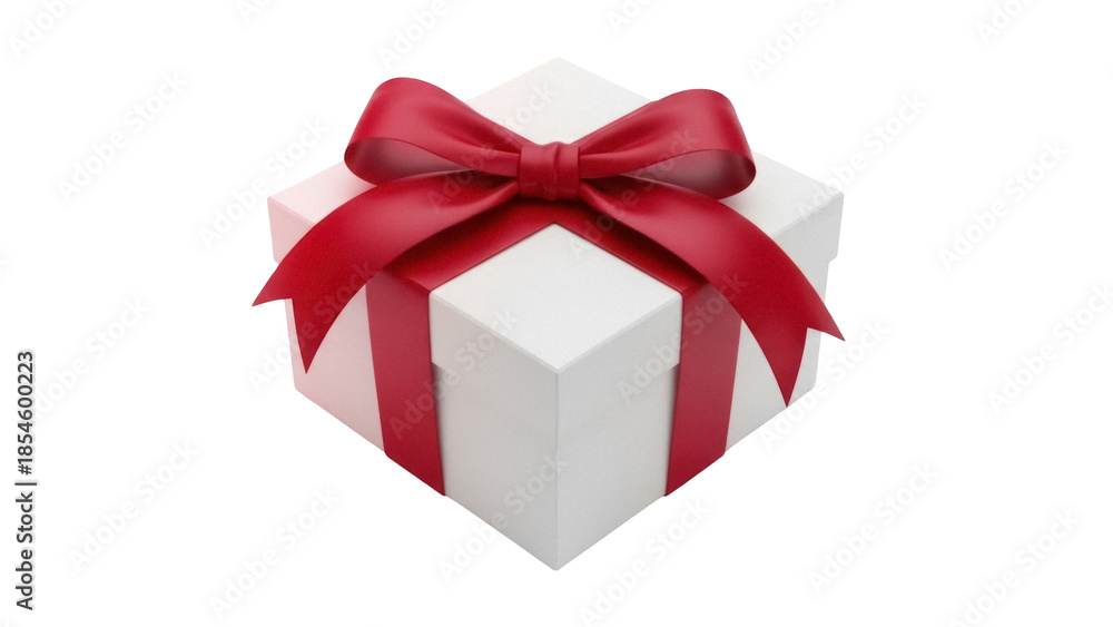 Obraz premium Elegant white gift box with red ribbon isolated PNG, present for Christmas or birthday on transparent background, celebration and surprise