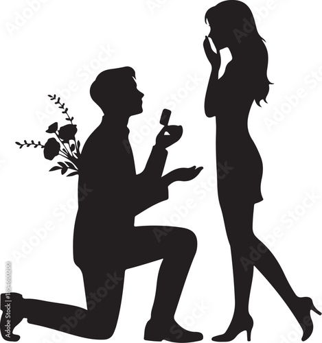Man proposing with ring and flowers to surprised woman silhouette