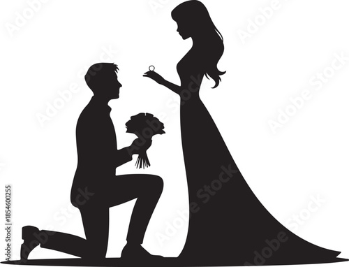 Man proposing with ring and flowers to woman silhouette