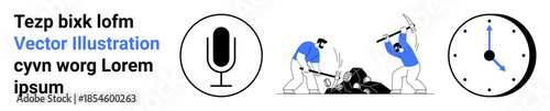 Business communication, mining industry, teamwork, time management, productivity, work efficiency. Workers digging with tools accompanied by a microphone and clock symbol. Teamwork and mining