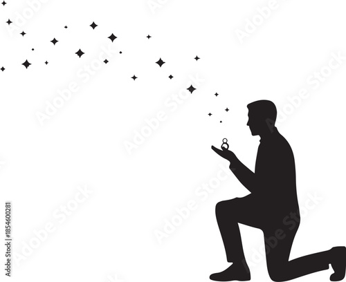 Man proposing with ring and sparkling stars silhouette