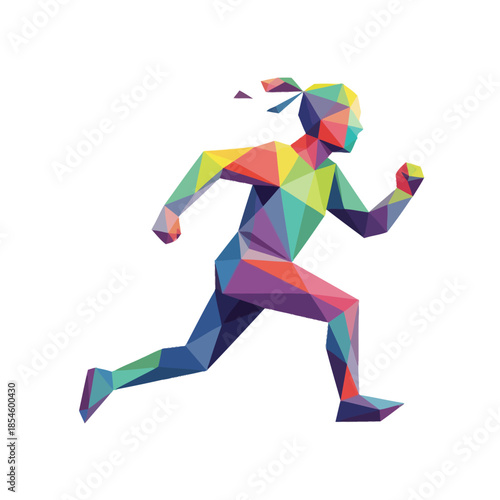 Vivid Geometric Runner Illustration Depicting Dynamic Energy and Movement in Bright Multicolored