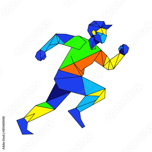 Vibrant geometric rendition of a dynamic running dog with lively colors and angular design