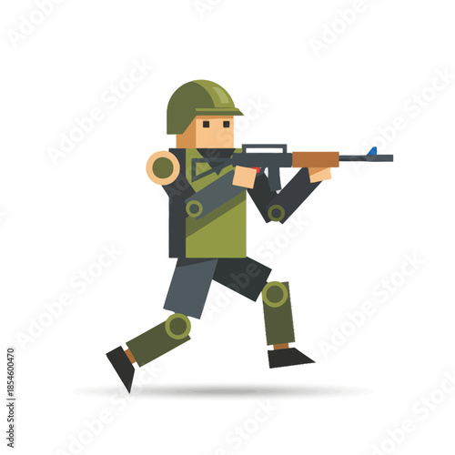 Stylized pixel art soldier in combat gear with rifle in action display