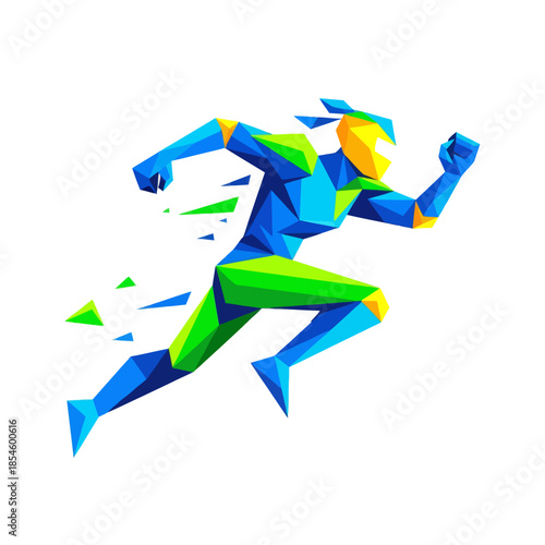 Dynamic low-poly runner figure in vivid colors illustrating motion and energy in digital art style