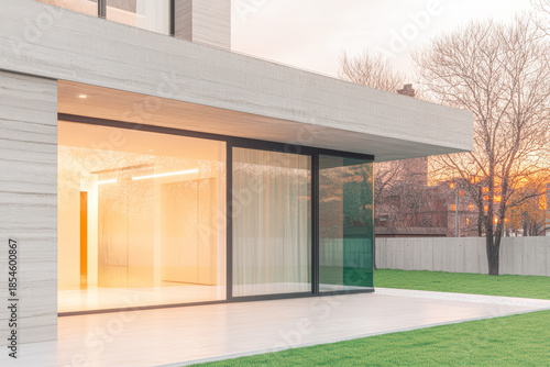 Wallpaper Mural Modern house exterior with glass walls at sunset surrounding lush green lawn Torontodigital.ca