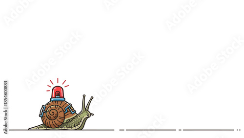 Fast snail with emergency light on shell, symbolizing slow speed with urgency