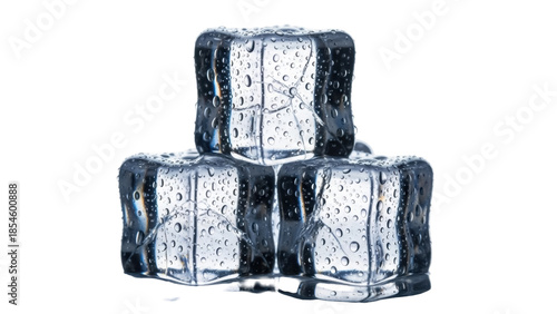 Stack of three ice cubes PNG isolated on transparent background, refreshing frozen water blocks for drinks and chilling