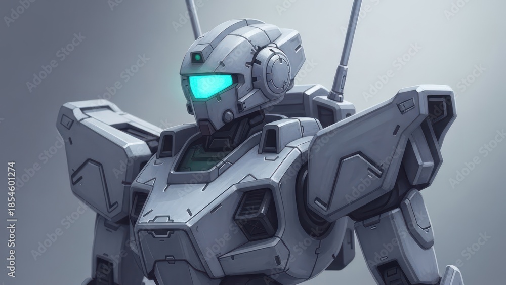 Naklejka premium Futuristic humanoid combat robot with glowing blue visor, representing advanced artificial intelligence, engineering, and science fiction technology.