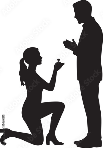 Woman proposing with ring to man silhouette proposal