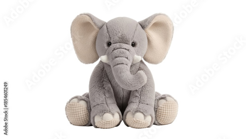 Cute gray elephant plush toy isolated PNG, soft stuffed animal for kids and nursery decor on transparent background