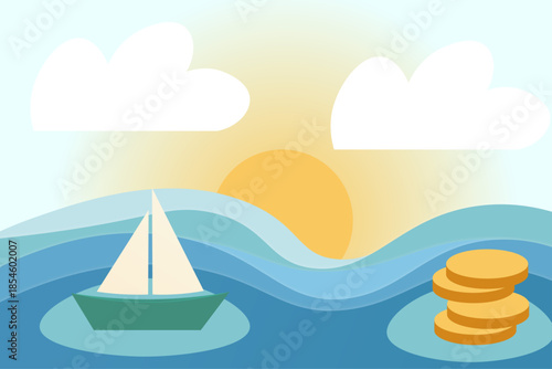 Sailboat and Coins Concept for Financial Freedom and Investment Growth