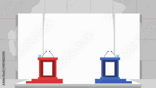Political Debate Stage with Two Podiums, One Red and One Blue, Ready for Discussion