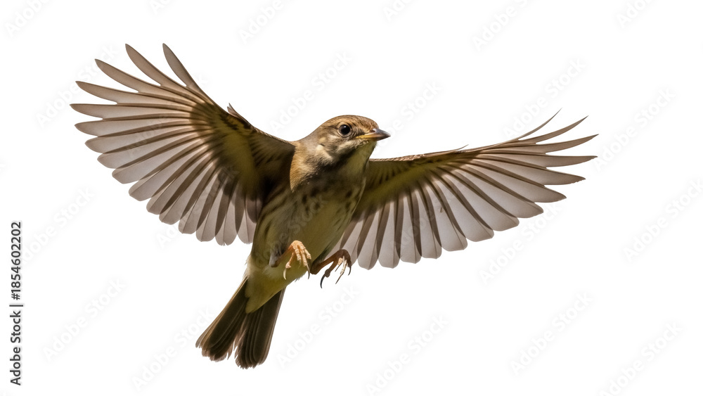 Obraz premium Flying sparrow PNG isolated on transparent background, small brown bird with outstretched wings in flight, wildlife animal