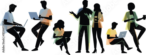 Modern diverse professionals collaborating with laptops, remote teamwork silhouettes illustrating digital communication, productivity, and contemporary business lifestyle