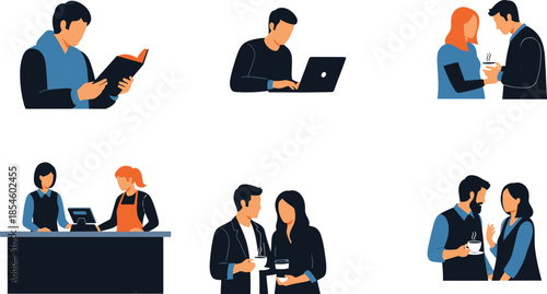 Modern lifestyle scenes of people reading, working, shopping, and socializing in everyday urban and casual settingsModern lifestyle scenes of people reading, working, shopping