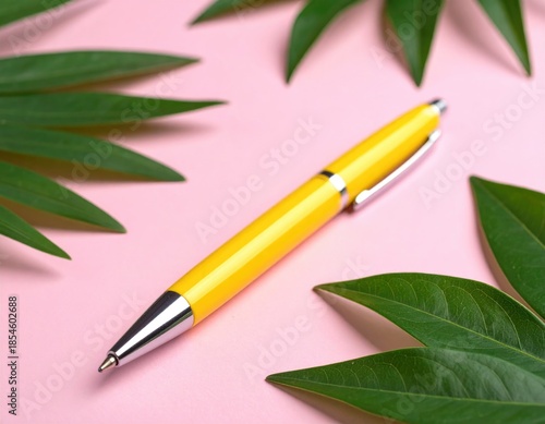 Yellow pen amidst green leaves
