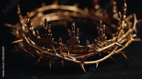 A golden crown of thorns symbolizing royalty and sacrifice against a dark background.