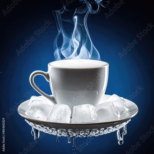 Steaming cup, ice, blue background