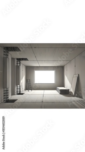 Empty room with white walls, gray floor, and natural light from a large window