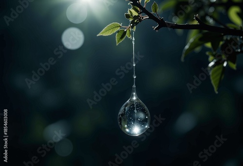Intricate Water Droplet Suspended from Tree Branch Captures Moonlight in Lush Green Forest Setting with Soft Focus Background