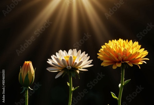 Three Vibrant Flowers Under Sunbeams on Black Background Highlighting Natural Beauty and Stunning Petal Details in Illuminated Botanical Arrangement