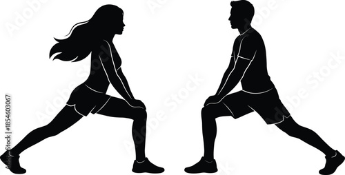 Black Silhouette of Man and Woman Doing Lunge Exercises and Stretching Together Isolated on White Background for Fitness and Wellness
