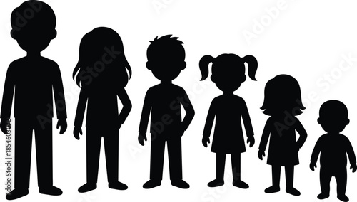 Black Silhouettes of a Group of Diverse Children and Toddlers Standing in a Row by Height Isolated on White Background Vector Illustration