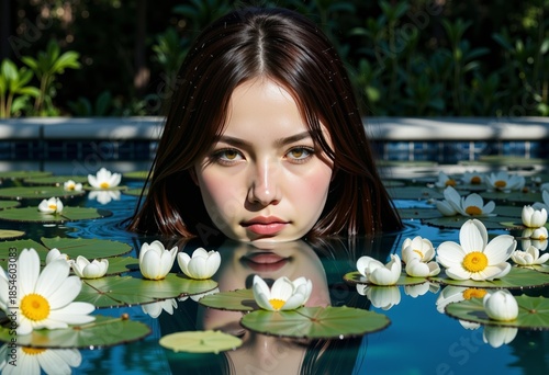 Serene Reflection of a Young Woman Amidst Blooming Water Lilies in Tranquil Pool Setting Under Natural Sunlight