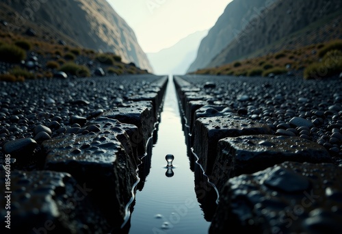 Moody Perspective of a Textured Mountain Valley Roadway with Water-filled Crevices Under a Misty Morning Sky
