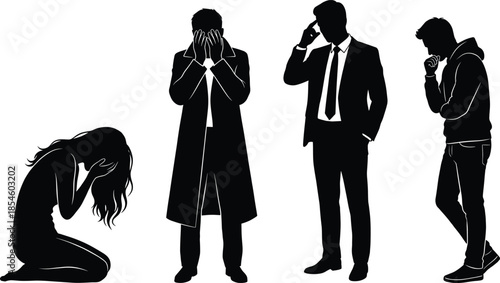 Black Silhouettes of People Expressing Sadness Grief and Mental Stress with Grieving Woman and Frustrated Men Isolated on White Background Vector
