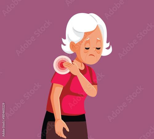 Elderly Woman Suffering from Shoulder Pain Vector Illustration. Unhappy granny feeling bad because of stiff shoulder aching symptoms 
