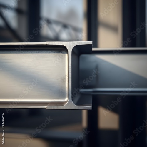 A close-up view of a metal beam with sunlight casting shadows on its surface in an architectural setting