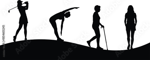 Black Silhouettes of Women Engaging in Healthy Lifestyle Activities Including Golf Stretching and Walking Isolated on White Background Vector Graphic Illustration