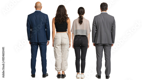 Four people standing with their backs to the camera on a white background