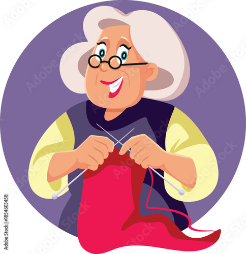 Happy Granny Knitting a Scarf Vector Cartoon Illustration. Elderly lady making a handmade accessory with love and skill